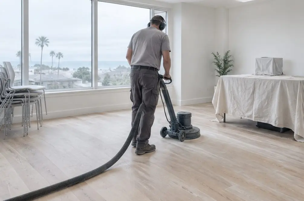 Illustration: a bright Oxnard office with warm oak floors being buffed after hours, chairs stacked to one side and a desk covered with a drop cloth