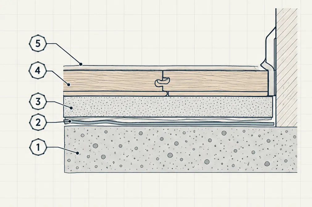 Diagram: cross-section of a floating engineered floor over underlayment on a concrete slab with a gap at the wall covered by a baseboard