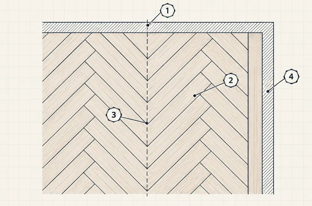 Diagram: top view of a herringbone floor, equal short planks meeting at right angles along a centre line, with a straight border plank at the wall