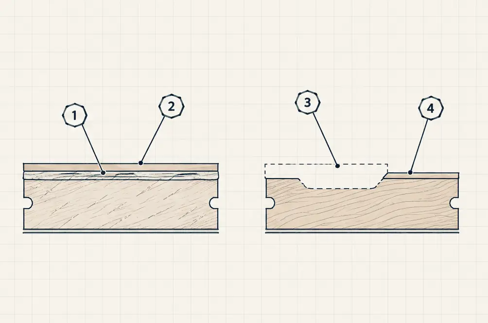 Diagram: two board sections; left, a new coat over the scuffed old finish; right, the board sanded through the old finish into wood, then new coats
