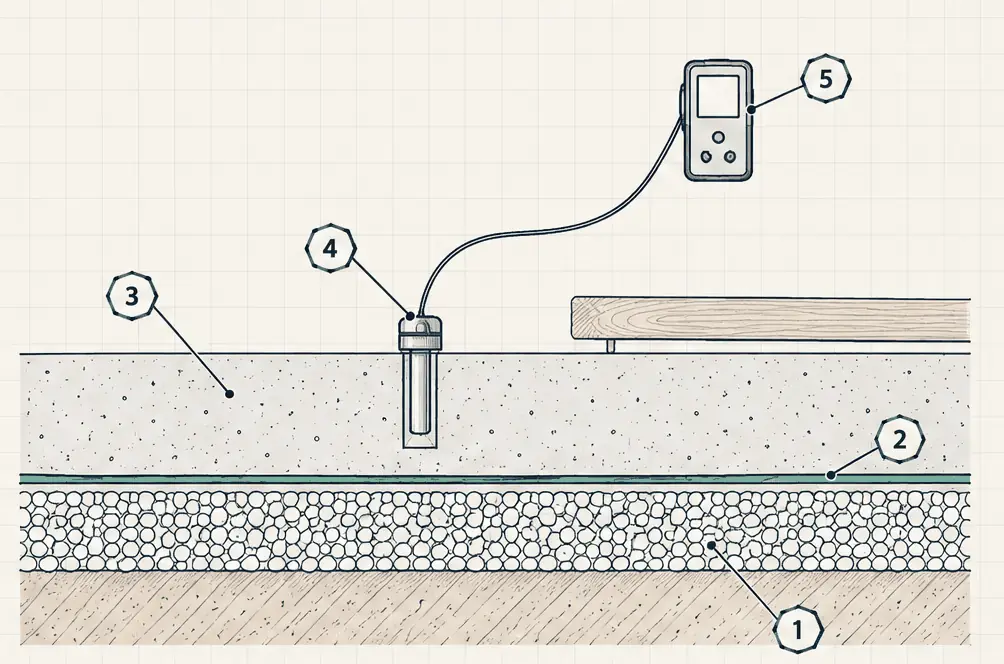 Diagram: section drawing of a concrete slab above gravel and soil, with a plastic sheet and a drilled bore holding a capped humidity sensor connected to a handheld meter