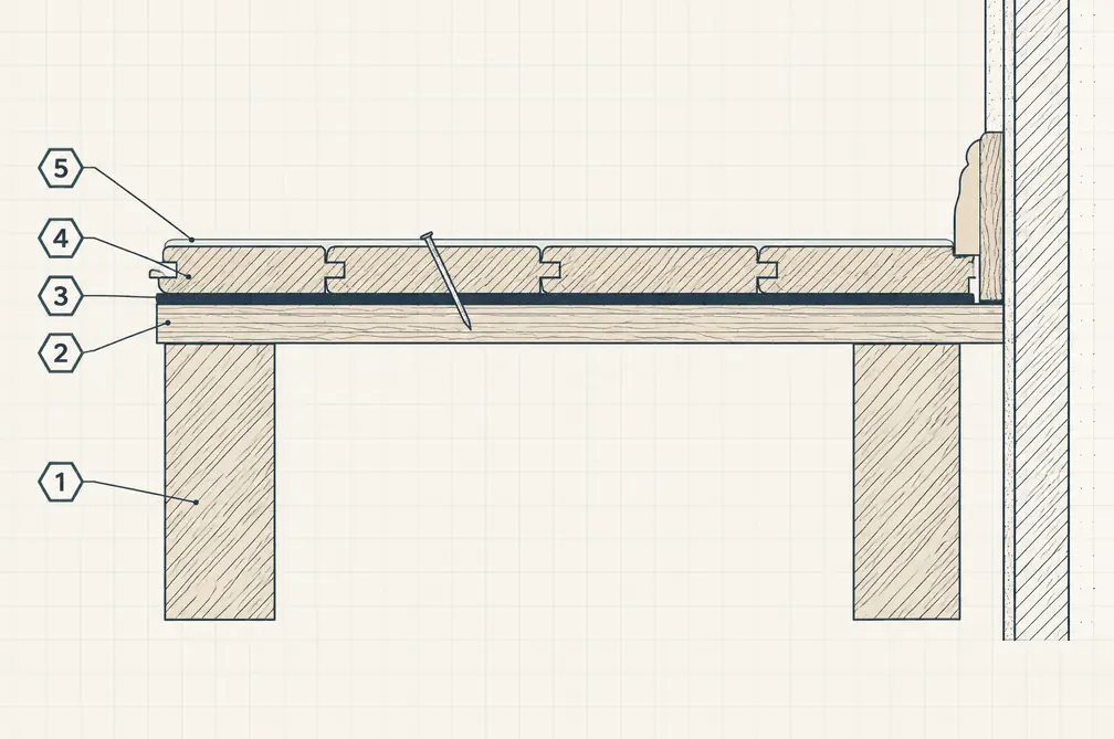 Diagram: cross-section of a solid hardwood floor nailed to a plywood subfloor over joists, with felt paper, tongue-and-groove boards, and a finish on top