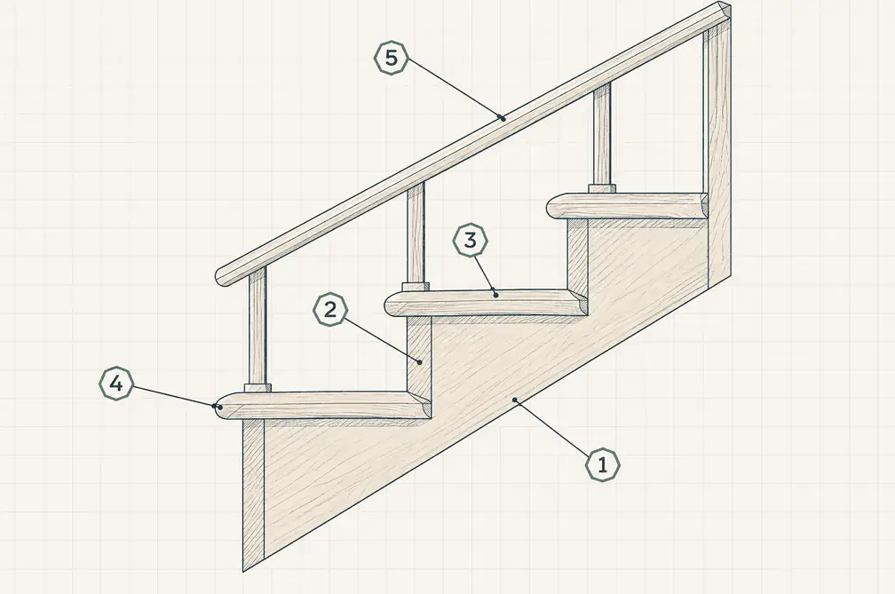 Diagram: side elevation of three wooden steps marked by number: stringer, riser, tread, rounded nosing and a handrail on a baluster