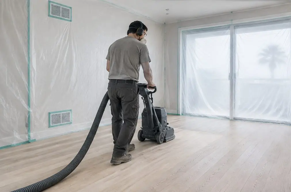 Illustration: a floor sander with a vacuum hose working in a closed-off Oxnard room, plastic sheeting taped over a sliding door and the vent covers