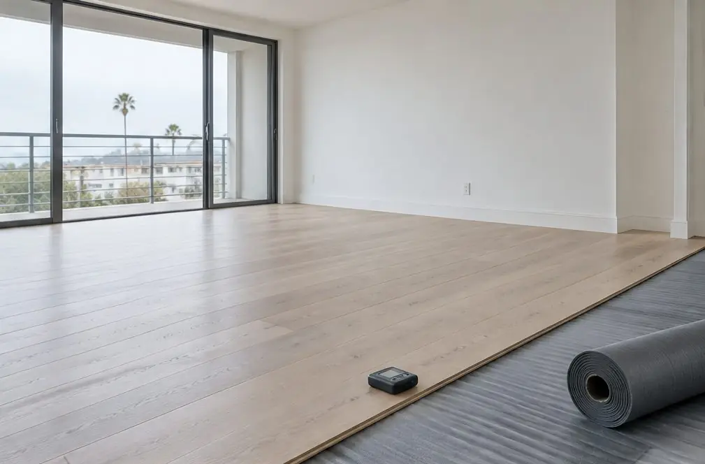 Illustration: a ground-floor Oxnard condo room with wide engineered oak planks being floated over an underlayment, a moisture meter and a roll of underlayment at the edge of the work