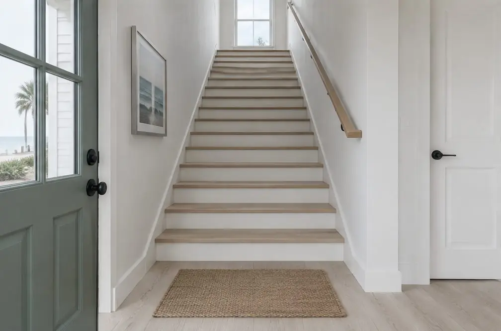 Illustration: a long oak staircase with painted white risers rising from a beach-town entry in Oxnard Shores, sandy doormat at the foot, a wood handrail and light from a high window