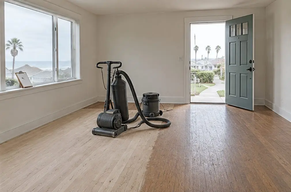 Illustration: an empty South Oxnard rental living room with an oak floor half sanded, a sander on its stand, a clipboard on the sill and an open front door