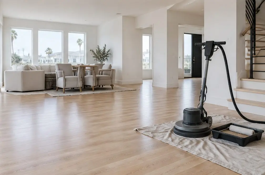 Illustration: a bright first floor in a newer Oxnard house with a buffer and a screen pad on an oak floor, furniture pushed together and a roller tray of finish on a drop cloth