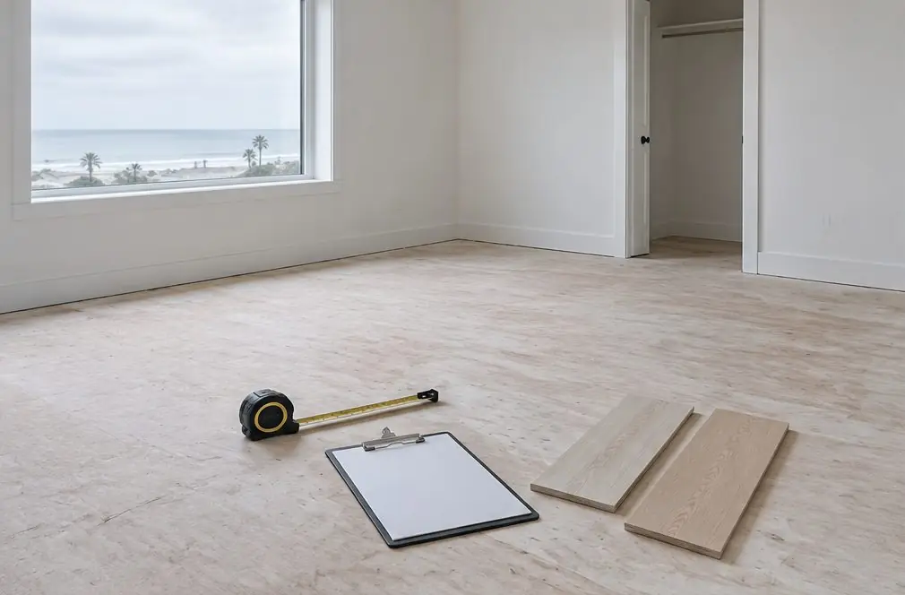 Illustration: an empty Oxnard bedroom floor with a measuring tape, a clipboard and two wood samples