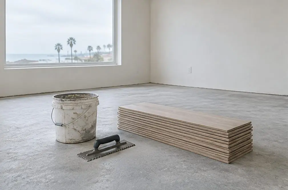 Illustration: a cleaned concrete slab with a trowel, a bucket of adhesive and a stack of planks