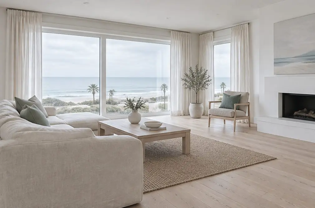 Illustration: a bright beach-town living room with a finished plank floor
