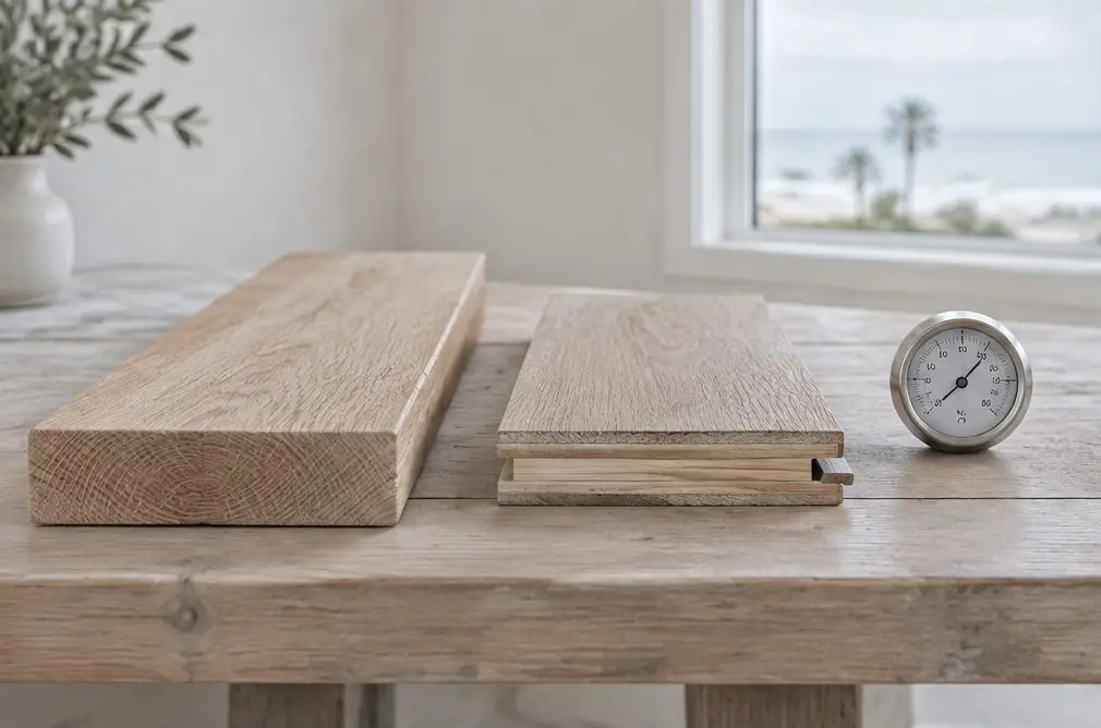 Illustration: a solid board and an engineered board cut to show their cross sections, beside a small humidity gauge