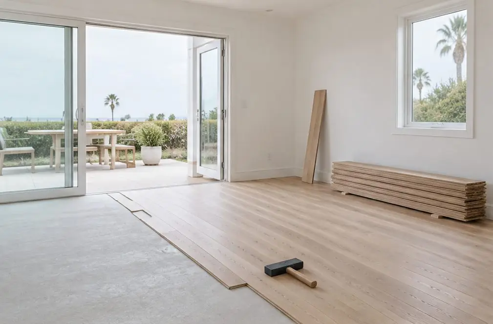 Illustration: a bright Oxnard living room with a half-laid oak floor, a sliding door open to a patio, a tapping block and a stack of acclimating boards against the wall