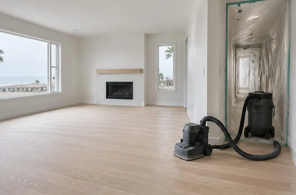 Illustration: an Oxnard living room with a freshly sanded oak floor, a sander with a vacuum hose at the doorway and plastic sheeting over the hallway
