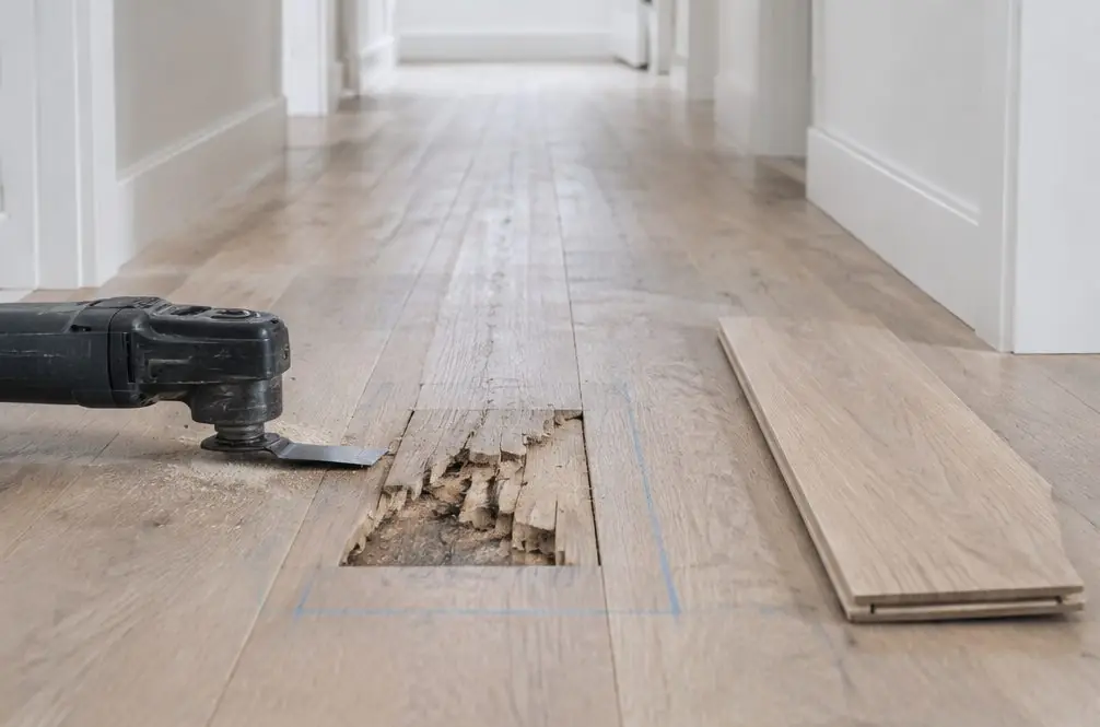 Illustration: one damaged oak board being cut from an Oxnard hallway floor with a multi-tool, a replacement board beside it and chalk lines around the patch