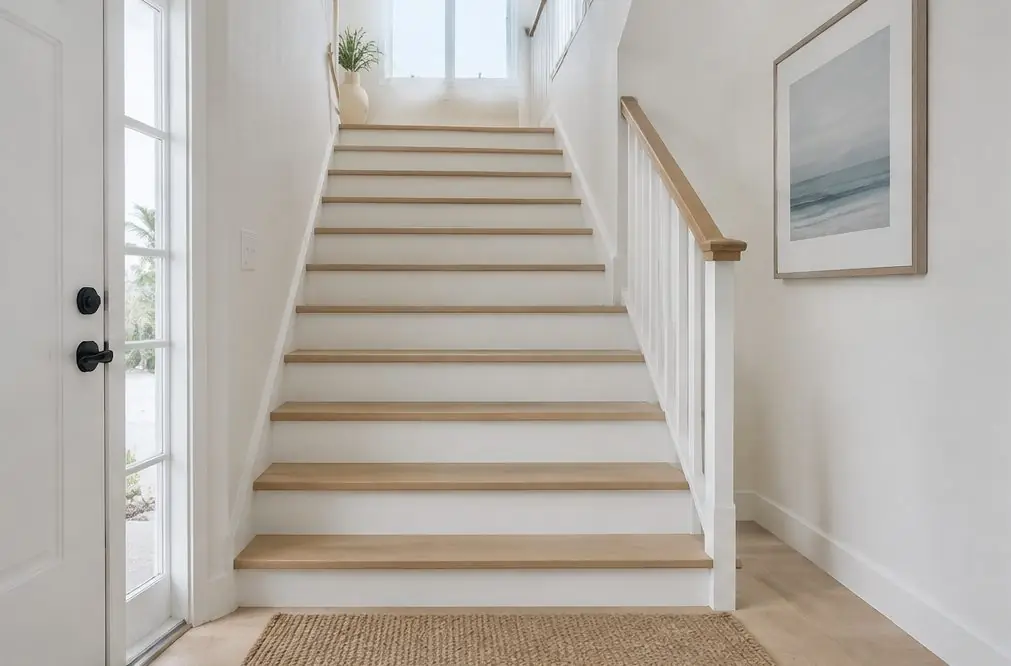 Illustration: a staircase in an Oxnard two-story home with oak treads and white risers, a doormat at the bottom and the carpet runner removed