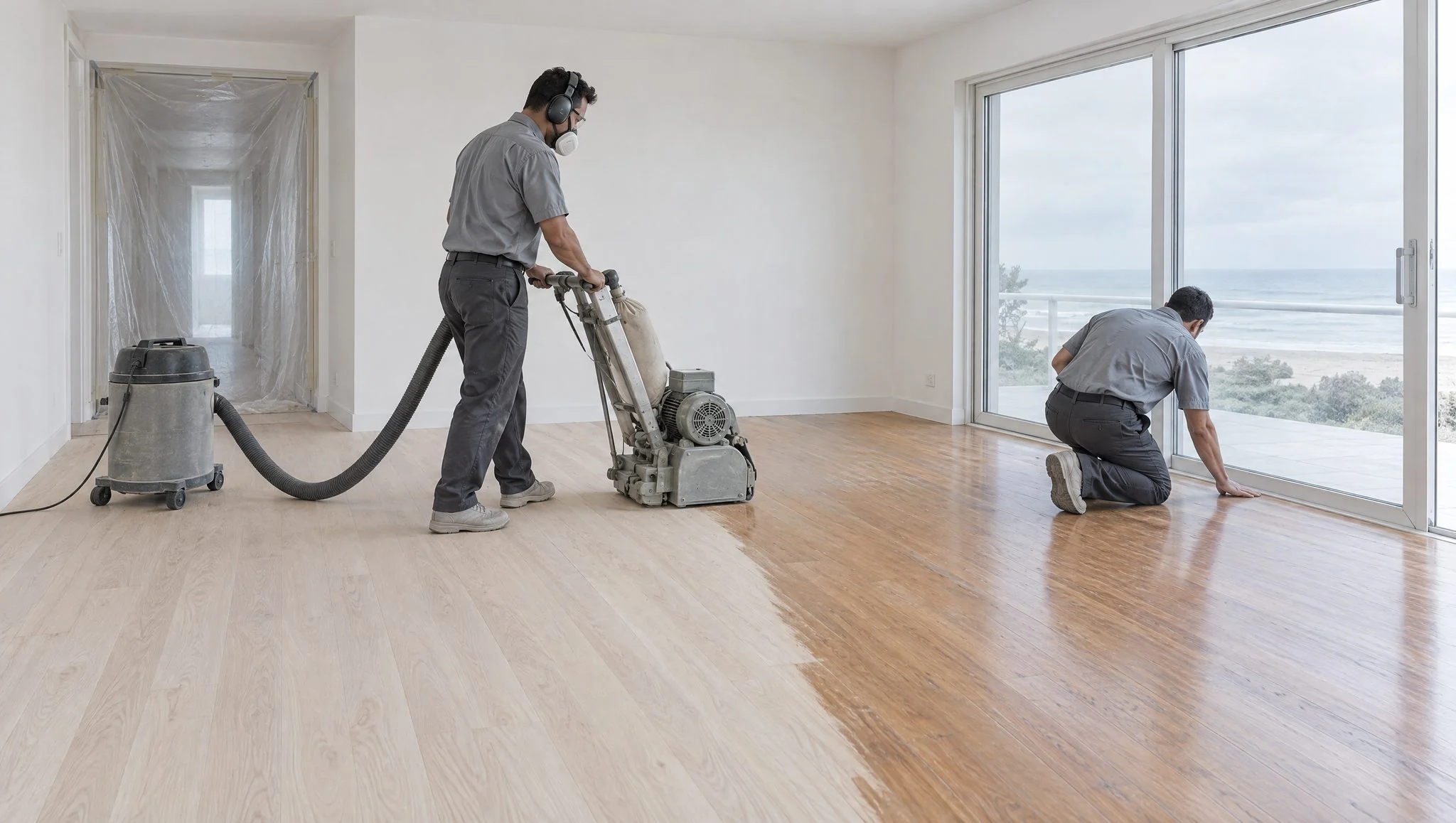 Illustration: two flooring crew members in matching uniforms in a bright beach-town living room in an Oxnard, CA house, one sanding a hardwood floor with a vacuum-connected machine while the other checks a board near a sliding door, no brands (AI-generated)