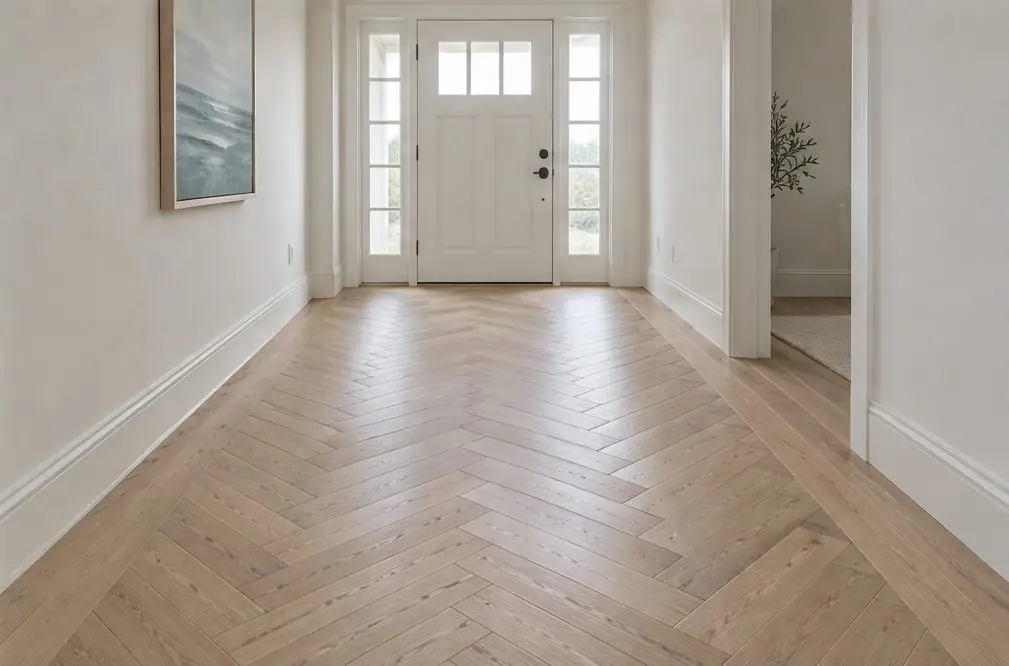 Illustration: an entry hall in an older Oxnard house with a herringbone oak floor running toward a front door, a straight-grain border along the wall