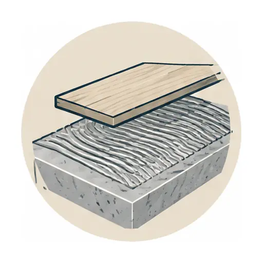 Schematic: Concrete slab, glue-down with a moisture barrier