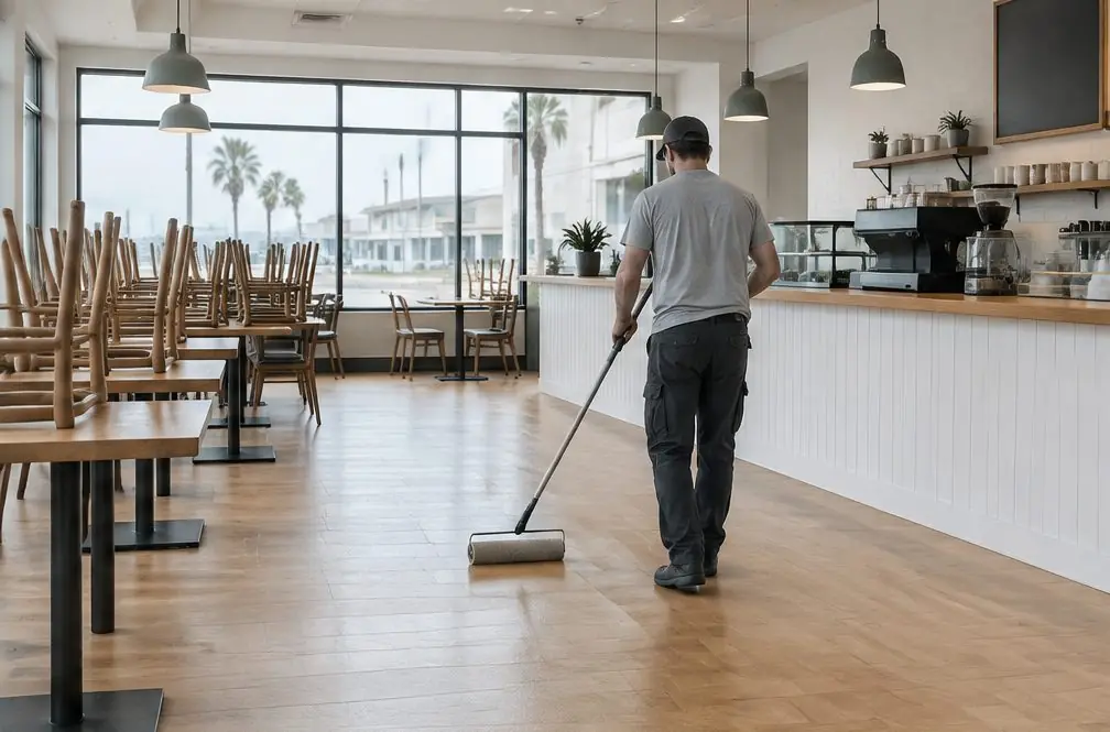 Illustration: a cafe in downtown Oxnard with warm oak floors, chairs stacked on tables at the back and a roller moving across the floor in front of the counter
