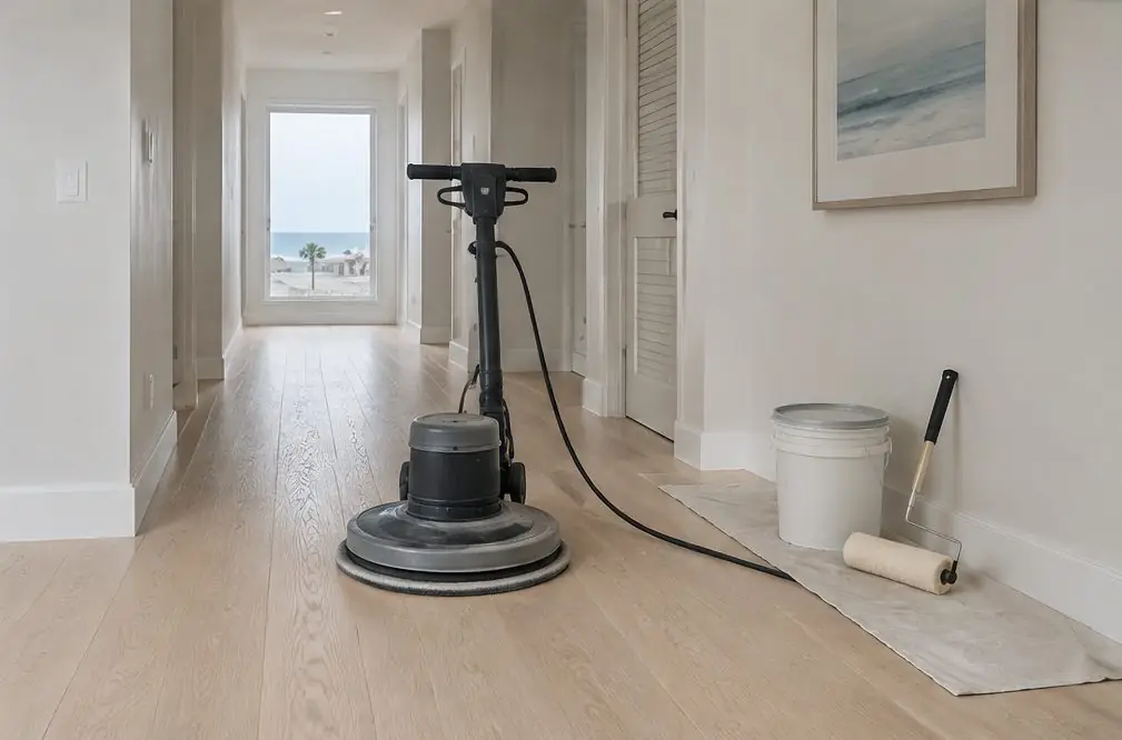 Illustration: a buffer with a screen pad on a clean oak floor in an Oxnard condo hallway, a roller and a pail of finish waiting beside the wall