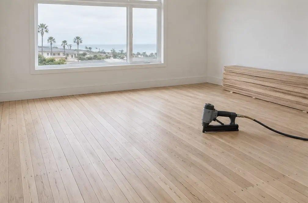 Illustration: an Oxnard bedroom with solid oak strips nailed in tight rows over a plywood subfloor, a flooring nailer and a stack of boards resting by the wall