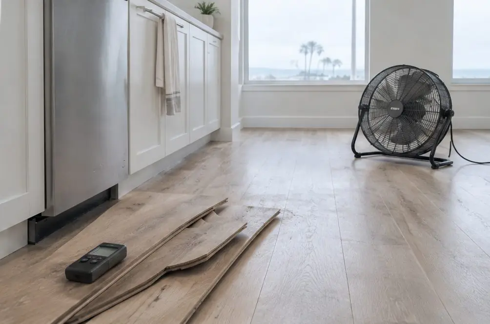 Illustration: an Oxnard kitchen floor with cupped oak boards beside a dishwasher, a moisture meter on the boards and a fan drying the room